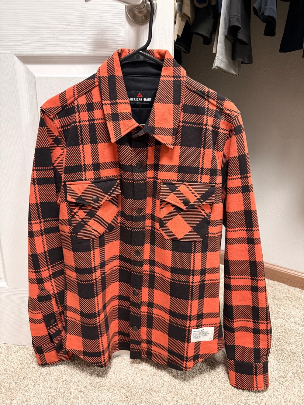 American Giant Orange and Black Plaid Button-Up Shirt